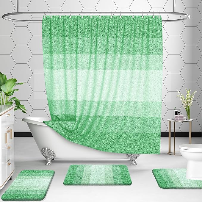 OLANLY Bathroom Rug Set 2 Piece, Soft Absorbent Microfiber Bath Mats and U-Shaped Contour Toilet Rug, Non-Slip, Machine Wash Dry, Plush Shaggy Bath Mats for Bathroom (30"x20"+24"x20", Green)