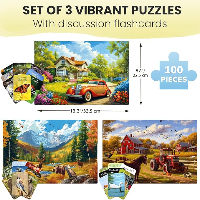 QUOKKA 100 Pieces Dementia Puzzles for Elderly - 3SET Large Piece Puzzles for Seniors - 9 Memory Flashcards with Facts I 25 Discussion Prompts per Puzzle - Alzheimer's Activities Products for Elderly
