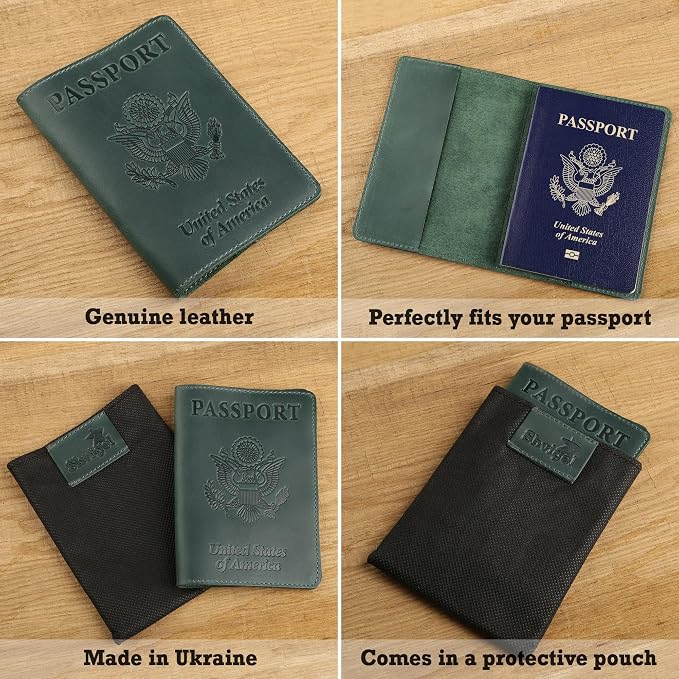 US Leather Passport Book Cover - Thin American Travel Passport Holder - Premium International USA Passport Protector Case for Women Men (Green Vintage)