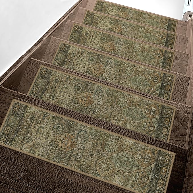 sarben 8"x30" Non Slip Stair Treads for Wooden Steps 15 Pack, Olive Brown | Peel and Stick Carpet Stair Runner with TPE Adhesive Backing, Carpet for Added Safety, Pet and Senior Friendly