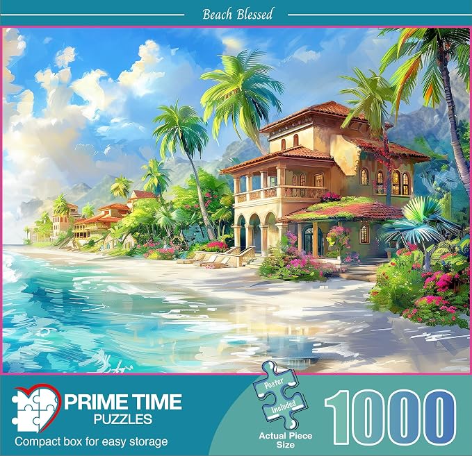 Adult Jigsaw Puzzle 1000 Piece Beach House | Features a tropical beachhouse scene with ocean waves and flowers. Great for game nights on a table, puzzleboard, or floor.