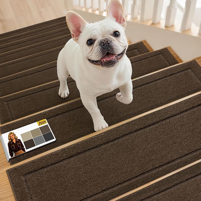 JSEI Stair Treads for Wooden Steps Indoor, 4-Pack, 30" x 8", Brown | Non Slip Stair Treads, Washable Polyester Stair Mats with TPE Backing, Low Profile Stair Rugs for Kids, Seniors and Dogs