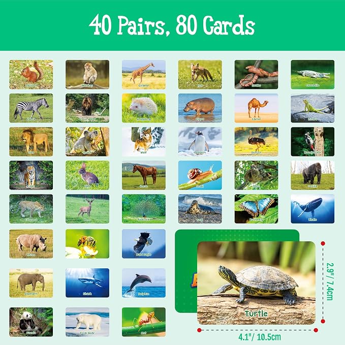 Hebayy Wild Animal Matching Game, 80 PCS Realistic Animal Memory Matching Cards for Toddlers 40 Pairs Real Animal Memory Cards Educational Toys for Preschool Boys & Girls 4 5 6 Years Old