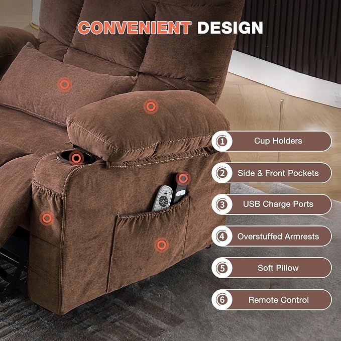 MAHOMICO Power Lift Recliner Chair for Elderly with Vibration Massage and Lumbar Heating,Electric Lift Recliner Single Sofa with Side Pocket,Two Cup Holders and USB Charge Port for Living Room