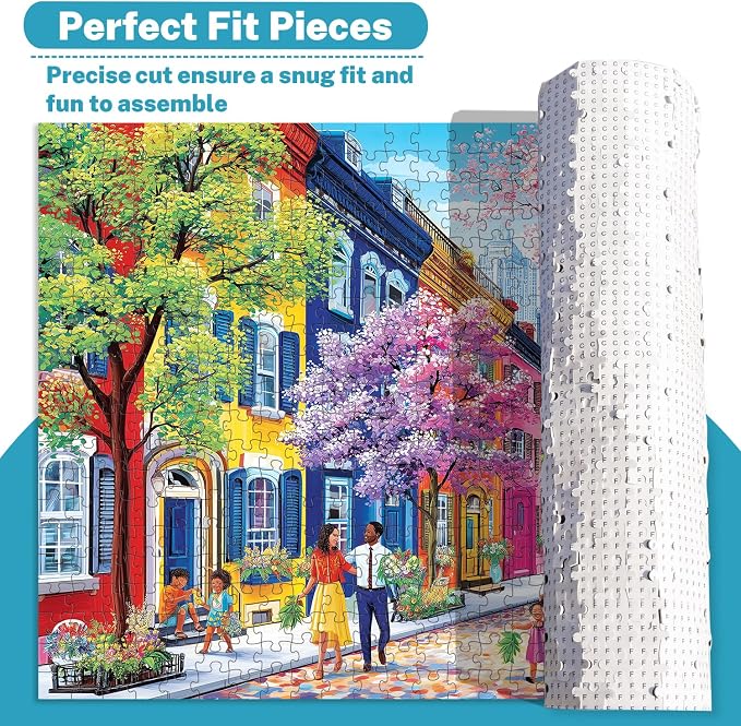 500 Piece Jigsaw Puzzle for Adults, Colorful Spring Street with Blossoms | Vibrant townhouses, blooming trees and cheerful family scenes for screen-free fun, game night, wall decor and senior gifts