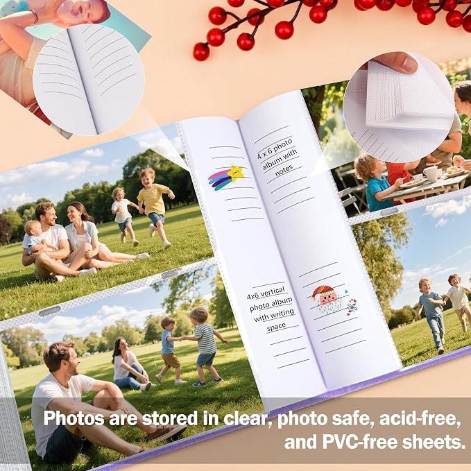 4x6 Photo Album Holds 240 Photos with Writing Space, Linen Cover Picture Book with Front Window for Family Wedding Baby Travel & Graduation Memories, Purple