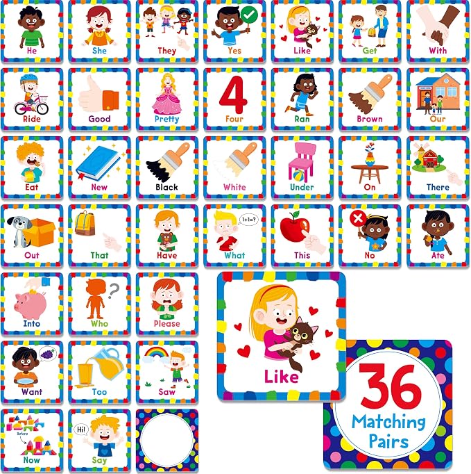 Hebayy Memory Matching Game, 72 PCS Grade K Sight Words Matching Cards for Kids, 36 Pairs Memory Cards, Educational Toy for Children to Learn Sight Words