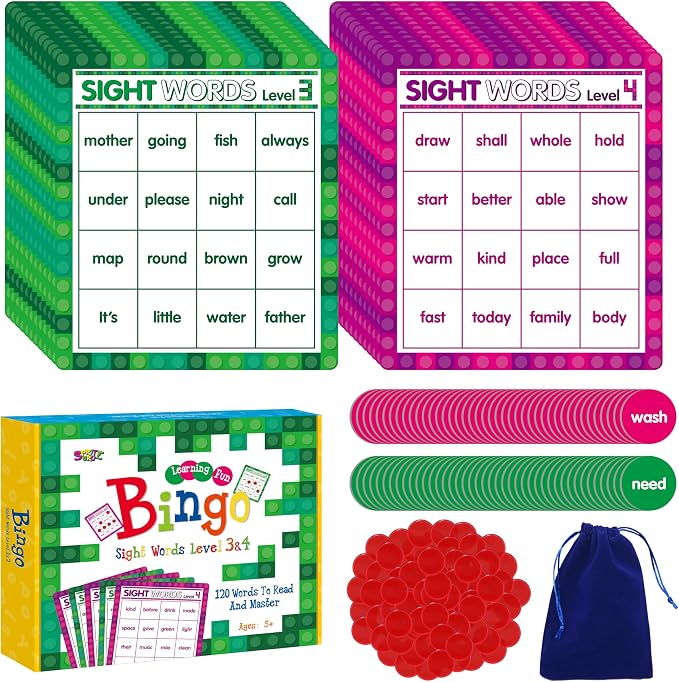SpriteGru Sight Word Bingo Game, 120 Sight Words Learn to Read Level 3 & Level 4 Bingo Board Game Dolch's & Fry's Words Lists for Kindergarten and Preschool Kids 5+, Perfect for Classroom & At Home