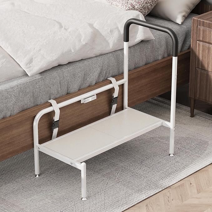 Bed Step Stool for Adults, Bedside Steps for Elderly Seniors with Non-Slip Handle & LED Light, Stable Assist Rail for High Beds