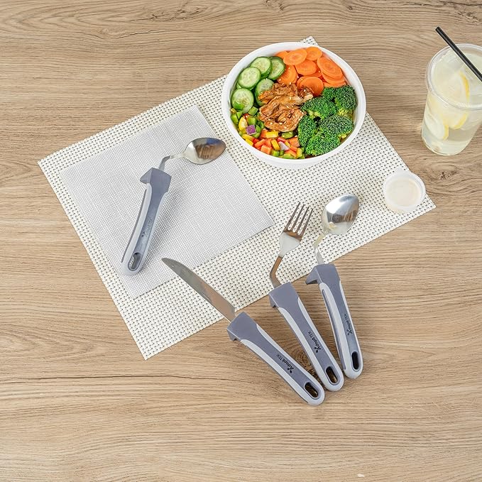 Restaurantware Adaptive Cutlery Set - 1 Set 9.84 x 5.12 x 1.57 Inches - Non-Slip Ergonomic Dining Utensils With Textured Handle - Stainless Steel Gray