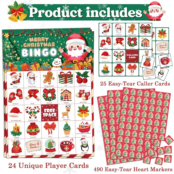 OHOME Christmas Games | Xmas Bingo for Kids - 24 Players Christmas Crafts Activities Party Favors Supplies for Families - Xmas Gifts Bulk for Boys Girls Grandkids | Stocking Stuffers for Kids Toddler