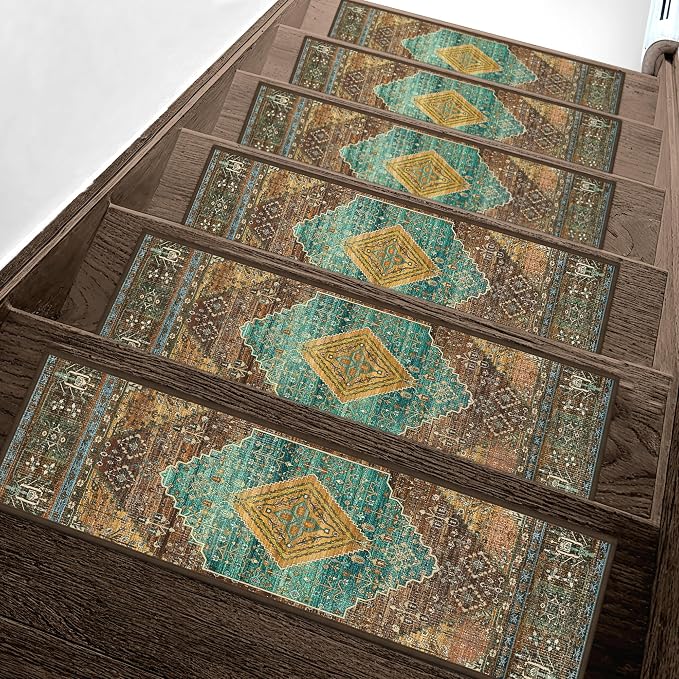 sarben 8"x30" Non Slip Stair Treads for Wooden Steps 15 Pack, Amber Cyan | Peel and Stick Carpet Stair Runner with TPE Adhesive Backing, Carpet for Added Safety, Pet and Senior Friendly