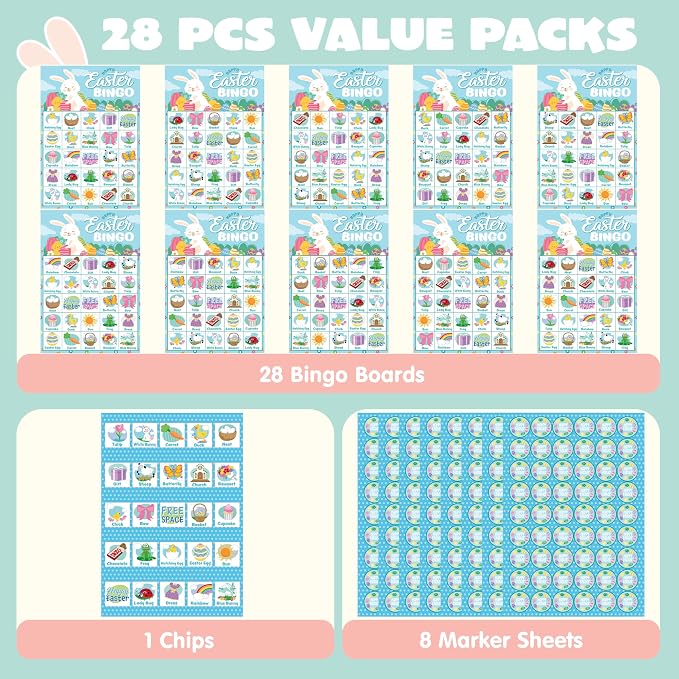 JOYIN 28 Players Easter Bingo Card (5x5) with Blue Color for Kids, Boys, Girls and Adults, Easter Games, School Classroom Activities and Easter Basket Stuffers