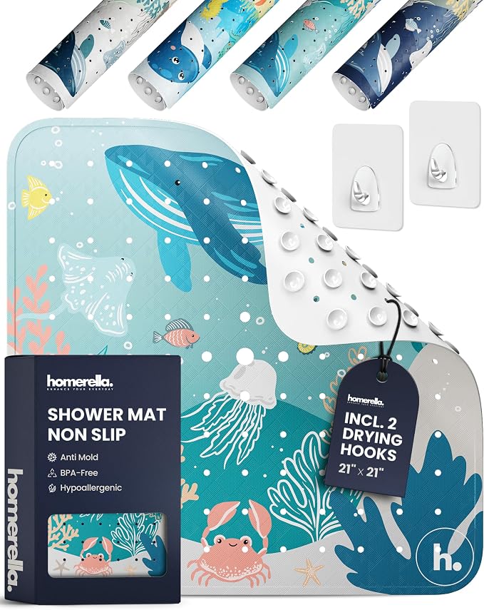 homerella® Shower Mat Non Slip Anti Mold, Non Slip Shower Mats for Inside Shower Stall Anti Slip Mat, Square Shower Floor Mat 21 x 21 in with Suction Cups & Hooks for Quick Drying, Machine Washable