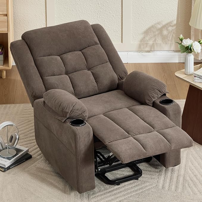 Power Lift Chair Recliners for Elderly with Heat and Massage, Recliner Chairs for Adults, Upgraded Fabric Recliner with USB & Type-C Charge Port, Cup Holders (Brown-O)