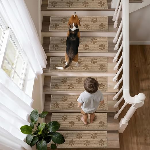 DEXDE Stair Treads for Wooden Steps Non-Slip Stair Runner 4pcs 30"x8" Beige | Carpet Stair Treads Non Slip Backing Indoor, Soft Washable Stair Rug Self-Adhesive Staircase Rugs for Kids Pets Elders