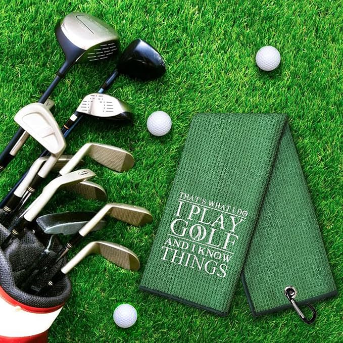 DYJYBMY That's What I Do I Play Green Golf Towel with Clip, Embroidered Golf Towel for Grandpa, Father's Day Retirement Gifts for Husband Dad Grandfather Uncle, Retro Golfing Accessories for Men