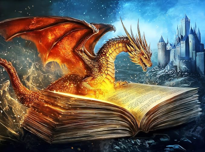 Adult Jigsaw Puzzle 1000 Piece Fantasy Dragon | Dragon bursting from a book with castle scene; 20x27 in. Great for game nights on a table, puzzleboard, or floor.