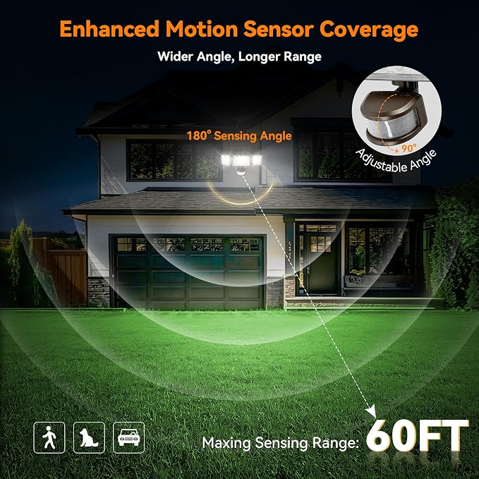 Solar Lights Outdoor, 3500LM 168 LED Motion Sensor Solar Flood Lights, 3 Heads 300° Wide Angle, 3 Modes IP65 Waterproof Solar Security Lights for Yard Garden Patio, 2 Pack (Brown)
