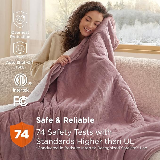 Bedsure Heated Blanket Throw Blanket - Fast Heating Electric Blanket, Soft Flannel Heated Throw with 4 Time Settings, 6 Heating Settings, Warm Gifts for Girls Women Grandma (50x60 inches, Woodrose)