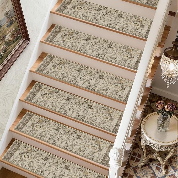 COSY HOMEER Stair Treads for Wooden Steps Non Slip Washable 8" X 30" 4pcs | Self Adhesive,Peel and Stick,Soft Carpet Stair Treads for Kids,Elder,Pet,Residue Free,Reusable Stair Runner,Multi-Surface Use