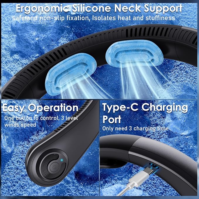 Portable Neck Fan with Neck Support, 5 Speeds, Lightweight, Gifts for Father Men Women, Personal Wearable Neck Fans that Blow Cold Air Rechargeable for Hot Flashes, Disneyland, Travel Essentials