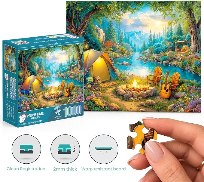 Adult Jigsaw Puzzle 1000 Piece Camping Scene | Features a scenic tent camping by the river design. 20x27 inches — Great for game nights on a table, puzzleboard, or floor.