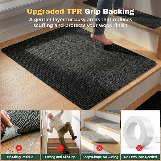 MBIGM Carpet Stair Landing Mat, 1 Pack, 2'6" x 2'6", Black | Polyester carpet surface with PP mesh, nonwoven cushioning, and TPR adhesive backing for indoor stair coverage.