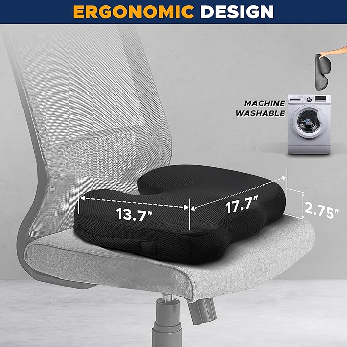 EcoNour Gel Seat Cushion – Office Chair Cushions for Sciatica & Tailbone Pain Relief – Coccyx Memory Foam Desk Chair Support & Car Seat Cushion – Back Pain Relief Pillow for Long Sitting