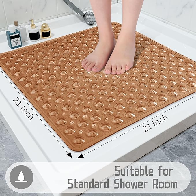 Yimobra Shower Stall Mat Non Slip, 21x21 Inch, Soft Square Bath Mat for Shower with Suction Cups and Drain Holes, Stall Floor Mats for Bathroom, Machine Washable, Bathroom Accessories,Clear Brown