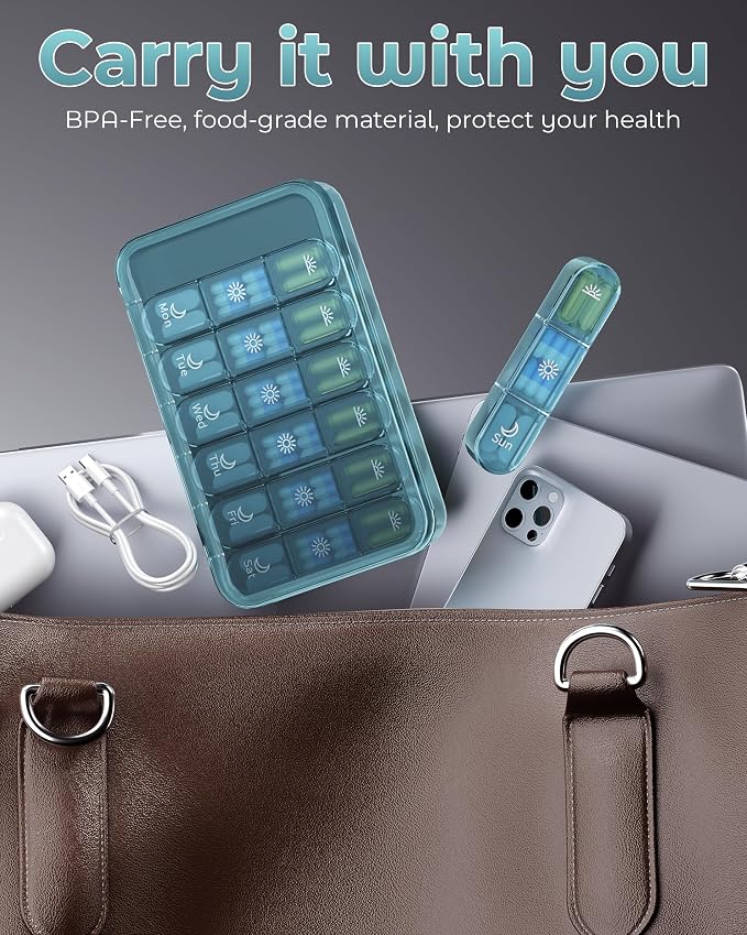 Windtrace Pill Organizer 3X a Day - Dusty Blue Portable Pill Case | Easy Carry, 3x Daily, Fade-Proof, Bold Labels, Arthritis-Friendly, One-Handed, Spill-Proof, Double-Layer, ABS Shell