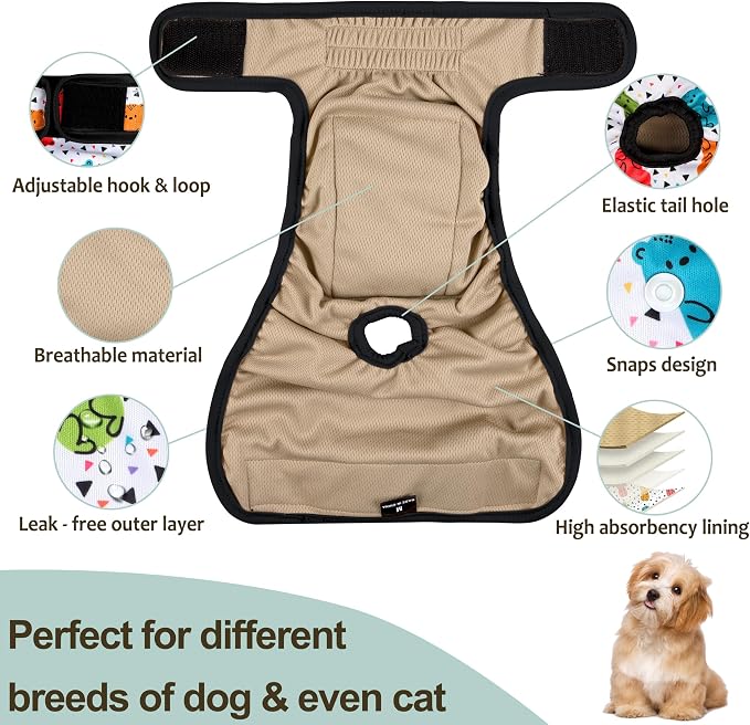 Washable Female Dog Diapers - Premium Reusable Diapers for Doggie in Heat - Highly Absorbent Dog Diapers Female for Pet Incontinence with Adjustable Snaps(Animals, M)