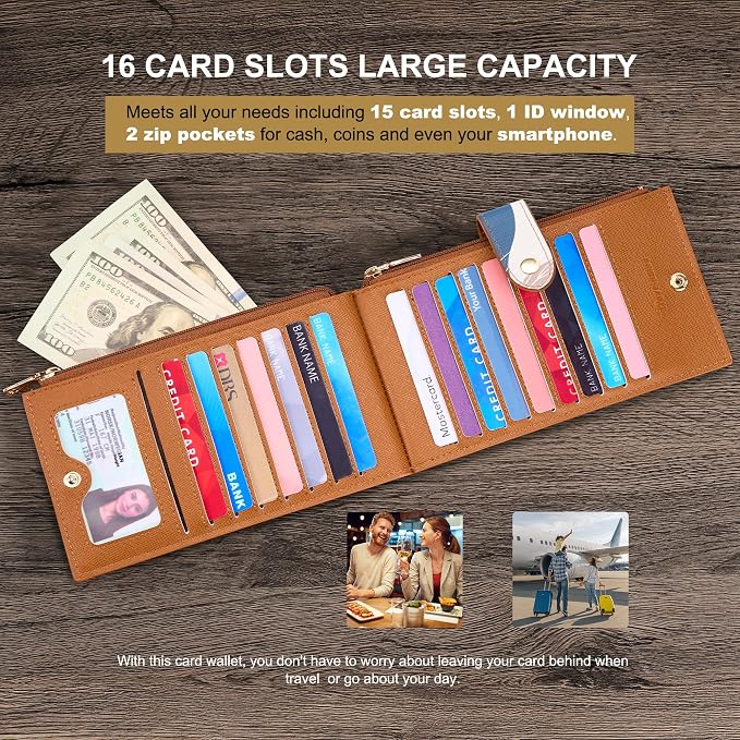 Travelambo RFID Wallet Women Large Size Bifold Multi Card Wallet Case with Zipper Pocke Credit Card Holder for Women