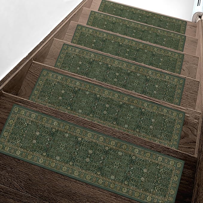 sarben 8"x30" Non Slip Stair Treads for Wooden Steps 15Pk, Dark Green Multi | Peel and Stick Carpet Stair Runner with TPE Adhesive Backing, Carpet for Added Safety, Pet and Senior Friendly