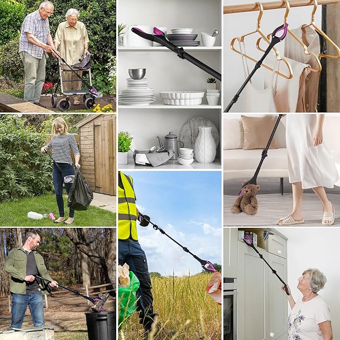 38" & 44" Extra Long Grabber Reacher Tool – 2 Pack Foldable Reacher Grabber Pickup Tools with 360° Rotating Jaw for Seniors, Hard-to-Reach Areas, Ergonomic Grip & Lightweight Design（Pink）