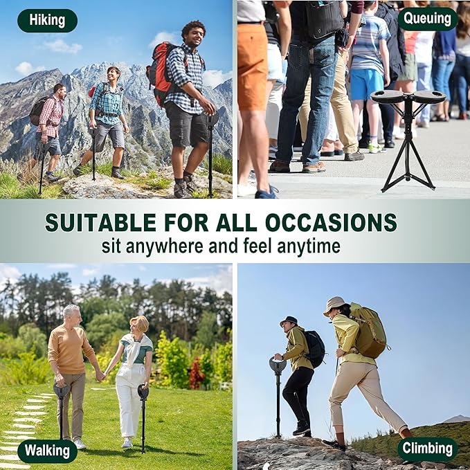Adjustable Cane with Seat Folding Lightweight, Portable Cane Chair for Adults & Seniors, Walking Stick with Seat for Travel Hiking, with Cushion Carry Bag