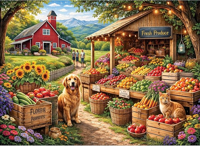 500 Piece Puzzles for Adults, Countryside Farm Market Jigsaw Puzzles | Fruit Fresh Produce Puzzle 500 Pieces, Mountains Meadow Jigsaw Puzzle, Dog Cat Funny Puzzle Home Decor Birthday Party Gift