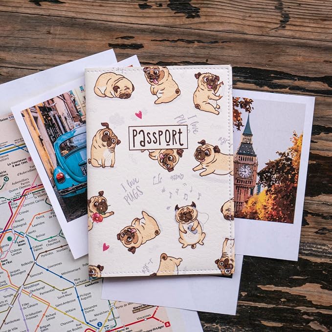 Passport Cover for Kids, Women and Men, Cute Travel Passport Holder (I Love Pugs)