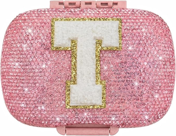 Cute Pill Organizer Small Bling Pill Case for Purse Medicine Vitamin Container Holder Daily Pill Box Container for Women Travel Medicine Kit(Letter T Pink)