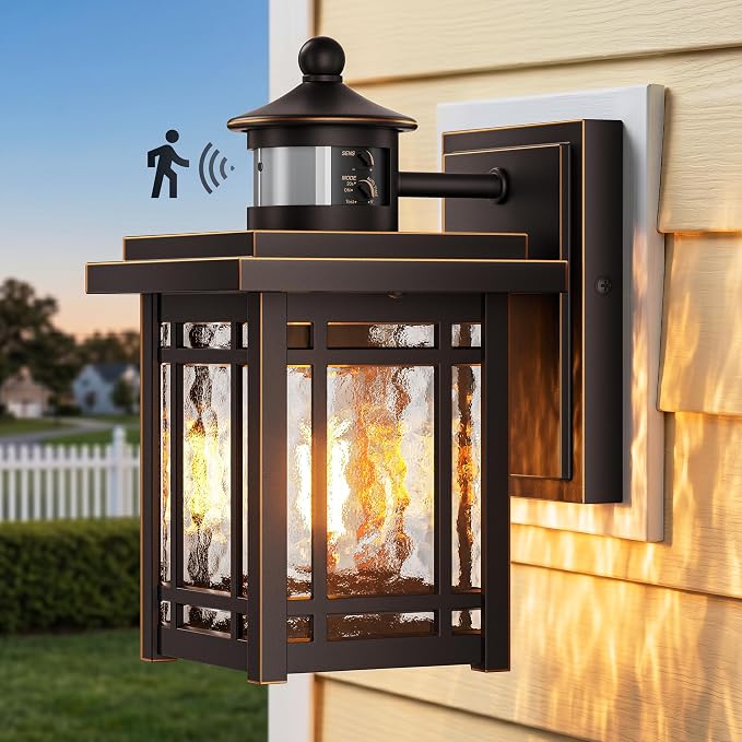 Gleamz Outdoor Porch Lights Wall Mount, Anti-Rust Updated Motion Sensor Outdoor Wall Lights, Oil Rubbed Bronze Gold Trim Exterior Lighting Fixtures,Waterproof Exterior Lighting Fixtures Dusk to Dawn