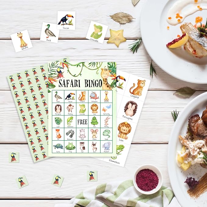 Safari Jungle Bingo Game Cards, Jungle Animals Bingo Games for Adults, Tropical Bingo Cards Supplies, Palm Leaves Birthday Party Decor Favors, Card Gifts for Friends Family Holiday, 06