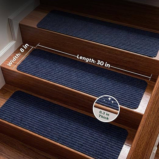 MBIGM Carpet Stair Treads for Wooden Steps, 15 Pack, 8" x 30", Navy Stripe | Four-layer polyester carpet with PP grid base, nonwoven cushion and TPR adhesive backing adds indoor traction and comfort