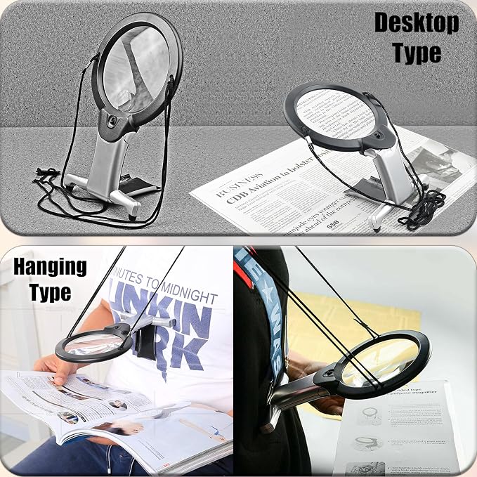 Hands Free Magnifying Glass for Close Work with Light 2X Lens & 6X Spot Magnifier, Neck Hanging LED Magnifier for Seniors, Coins, Cross Stitch, Sewing, Embroidery, Reading, Needlepoint, Hobbies