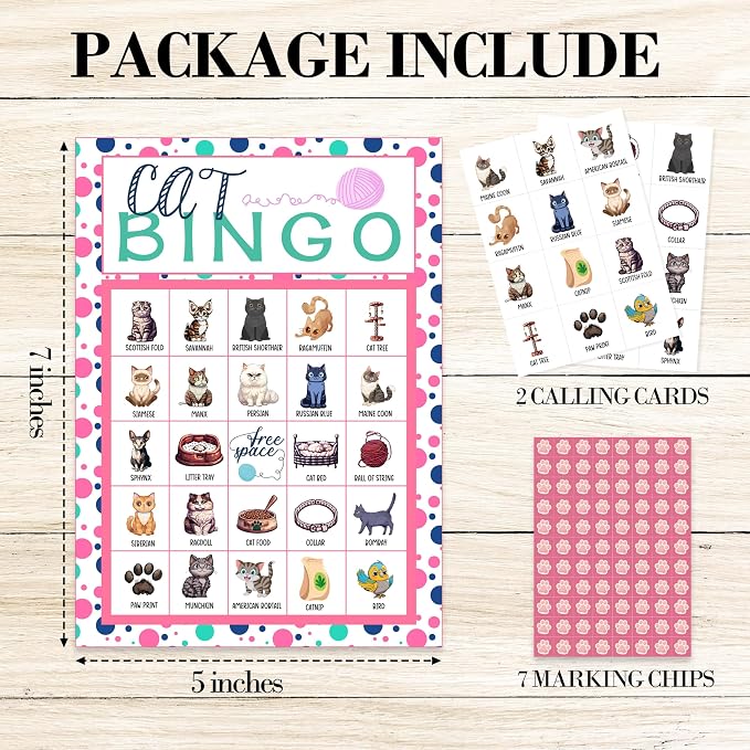 Cat Bingo Game Cards, Kitten Bingo Games for Adults, Pet Cards Supplies, Pawty Party Birthday Party Decor Favors, Card Gifts for Cat Lovers Women Friends Family Holiday, 02