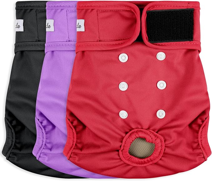 Female Dog Diapers - Reusable Diapers for Doggie in Heat - Highly Absorbent for Pet Incontinence with Adjustable Snaps (Pack of 3) Red Black Purple, XXL