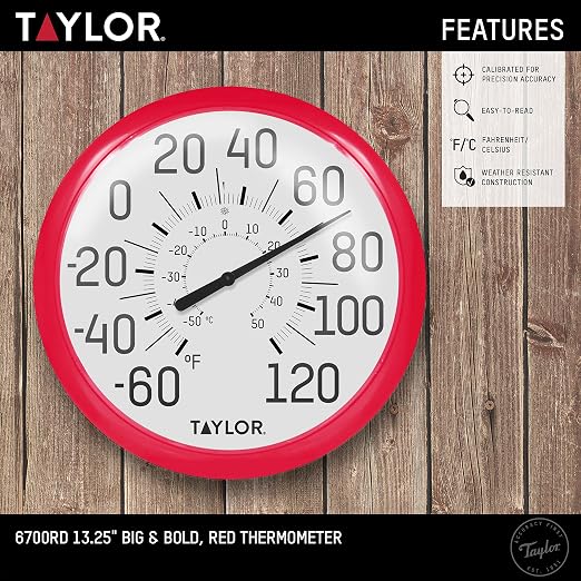 Taylor Big and Bold Wall Dial Thermometer, Indoor Outdoor Thermometer, Wireless Thermometer with Easy to Read Numbers for Patio, Pool, Garage and Indoor Areas, 13.25-inch, Red