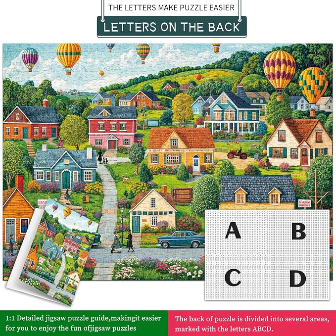 Puzzles for Adults 1000 Pieces, Happy Town Jigsaw Puzzle with 1:1 HD Poster, Perfect Interlocking No Dust, Stress Relief Ideal Gift for Family Games