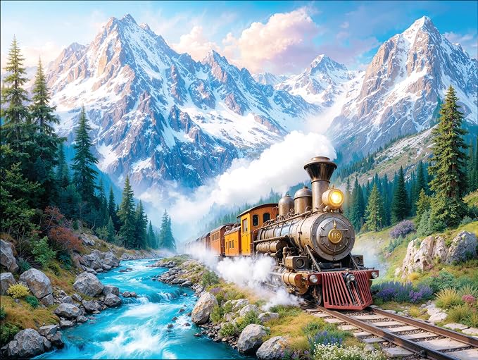 Adult Jigsaw Puzzle 1000 Piece Mountain Express | Features a steam locomotive thundering down the train tracks. Challenging 20x27 inch finished display.