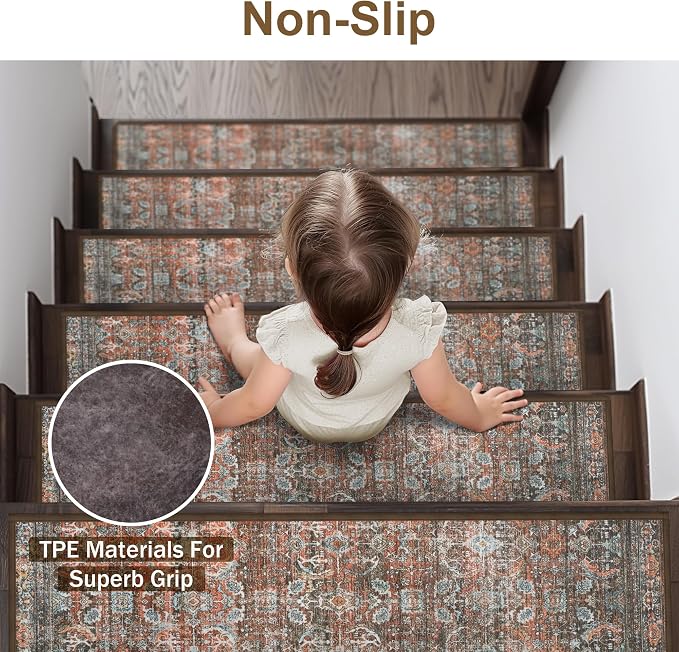 sarben 8"x30" Non Slip Stair Treads for Wooden Steps 15 Pack, Terracotta | Peel and Stick Carpet Stair Runner with TPE Adhesive Backing, Carpet for Added Safety, Pet and Senior Friendly