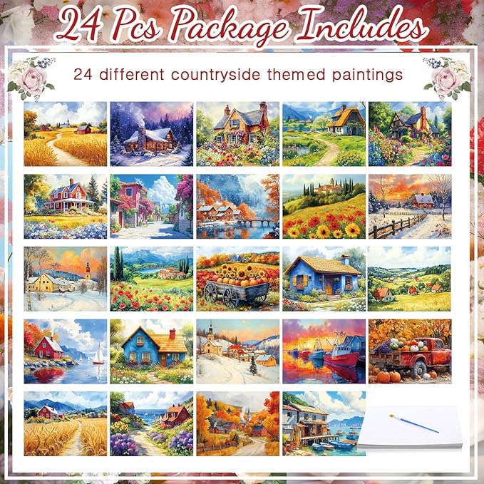 24 Pcs Dementia Products for Elderly Alzheimers Activities for Adults Seniors Reusable Water Painting Supplies with 1 Painting Brush Water Doodle Coloring Drawing Gifts Set(Country Life)